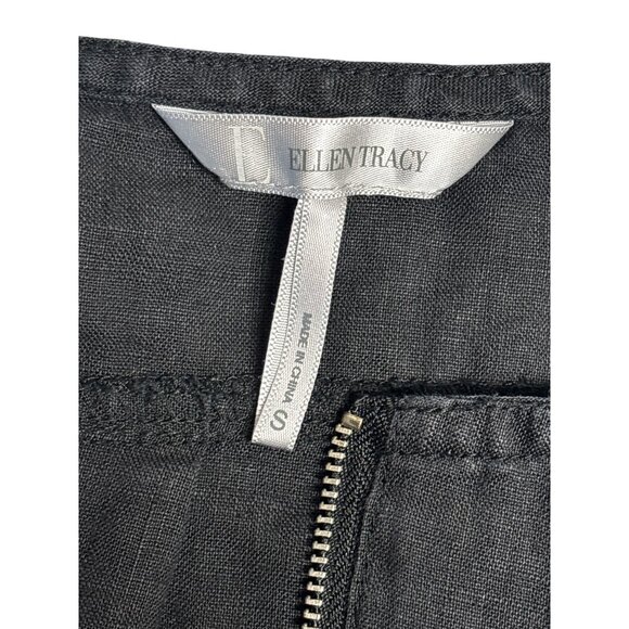 Ellen Tracy Black Magic 100% Linen Blouse Small Zip Front 3/4 Sleeve Womens Top - Picture 3 of 7